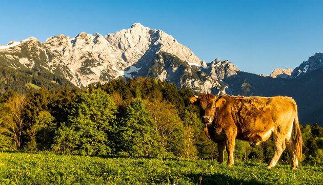 Alpine pasture with grazing cow in mountain landscape at sunrise - Powered by Adobe