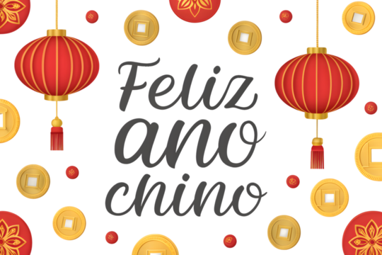 Feliz Ano Novo Chin?s with Red Lanterns and Coins chinese new year greeting PNG Transparent background