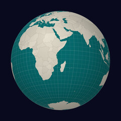 Comoros on the map. Globe centered to Comoros. Country location on the world map. Teal Pale Mint color palette. Globe with countries, meridians and parallels. Awesome vector illustration.