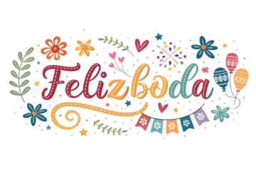 Feliz Boda Text with Colorful Decorations and Balloons wedding marriage PNG Transparent background