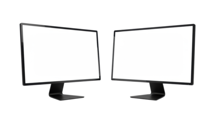 Two sleek, modern black computer monitors with ultra-thin bezels, screens displaying pristine empty white surfaces, angled 3/4 view in a clean, shadowless white studio, concept of digital potential