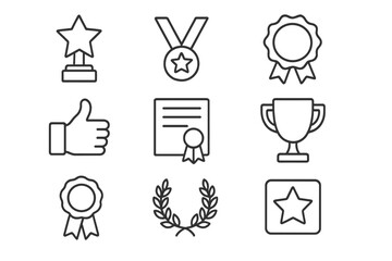 Award and achievement outline icon set. Recognition, success, and victory symbols. Vector collection of trophy, medal, prize, certificate, and quality badge illustrations.