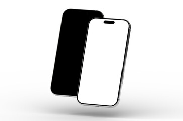 High-quality mockup of two smartphones, one with a black screen and one with a white screen. Perfect for app presentations or technology websites.