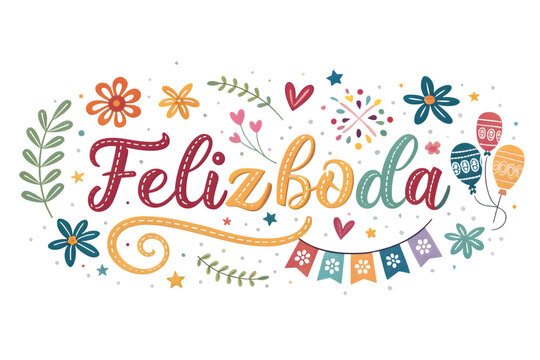 Feliz Boda Text with Colorful Decorations and Balloons wedding marriage PNG Transparent background