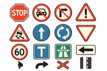 Road signs vector collection. Traffic regulation and warning symbols. Set includes stop, speed limit, slippery road, highway, and direction icons. Driving safety guidance.