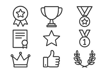 Award and achievement line icon set. Simple outline vector icons for success, victory, and recognition. Includes trophy, medal, certificate, and first place winner symbols.