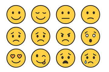 Fototapeta premium Emoji set with different emotions. Emoticon collection expressing various feelings. Smiley face icons for customer feedback or satisfaction rating. Happy, sad, angry, love.
