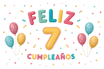 Feliz Cumpleanos 7 Balloons Confetti seven birthday PNG Transparent background
