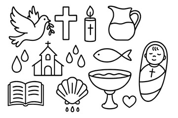 Christian baptism and christening symbols icon set. Hand drawn doodle style vector illustration for religious celebration. Includes cross, dove, holy spirit, baby, bible, and church.