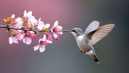 Fototapeta premium Vibrant Hummingbird Hovering Gracefully to Extract Sweet Nectar from Colorful Flower Amidst Foliage