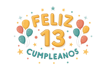 Feliz Cumpleanos 13th Birthday with Balloons and Stars thirteen happy birthday PNG Transparent background