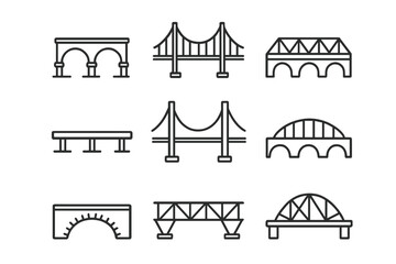 Bridge line icon set. Simple outline collection of various architectural structures like suspension, arch and truss bridges. Vector illustration for engineering or connection concepts.
