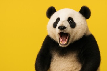 Fototapeta premium Surprised Giant Panda with Wide Open Mouth on Yellow Background/驚いた表情のパンダ 黄色背景でユーモラスなリアクション