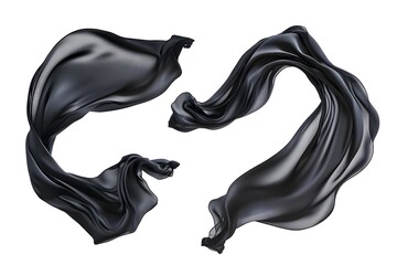 Black silk fabric flowing in the air, isolated on a white background, viewed from three different angles.