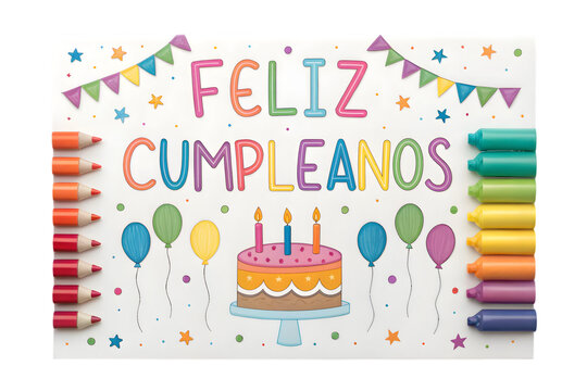Feliz Cumpleanos Birthday Cake and Gifts with Pencils and Markers celebration PNG Transparent background