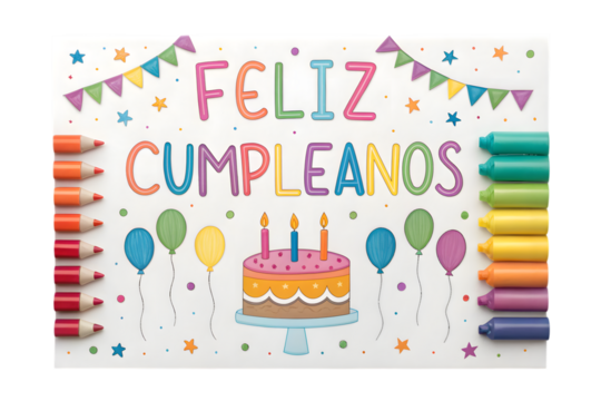 Feliz Cumpleanos Birthday Cake and Gifts with Pencils and Markers celebration PNG Transparent background