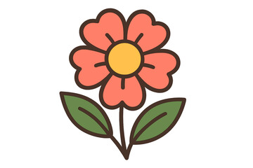 Simple retro flower vector illustration. Cute floral cartoon icon with leaves. Botanical blossom design element for spring or summer. Isolated groovy plant graphic for sticker.