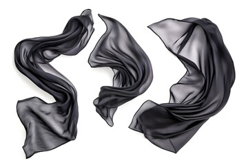 Black silk fabric flowing in the air, isolated on a white background, viewed from three different angles.