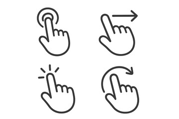 Hand gesture linear icon set. Touchscreen navigation symbols. Finger tap, swipe right, click, and rotate signs. User interface and UX design elements. Vector line art pack.