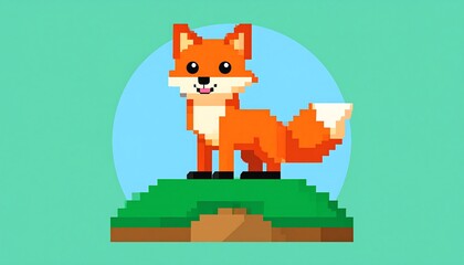 Adorable pixel art fox illustration on a grassy plateau background