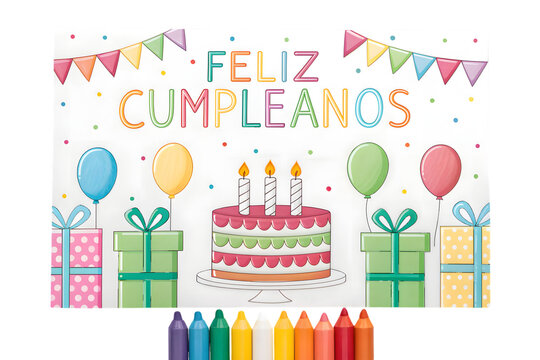 Feliz Cumpleanos Birthday Cake and Gifts Illustration with Crayons celebration PNG Transparent background