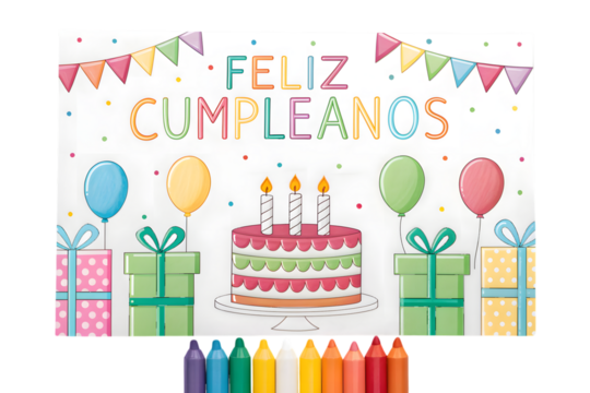 Feliz Cumpleanos Birthday Cake and Gifts Illustration with Crayons celebration PNG Transparent background