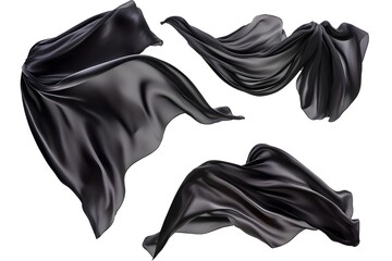 Black silk fabric flowing in the air, isolated on a white background, viewed from three different angles.
