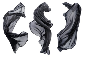 Black silk fabric flowing in the air, isolated on a white background, viewed from three different angles.