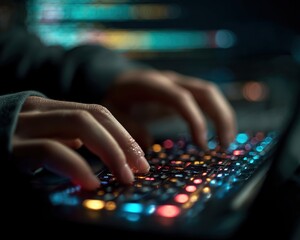 Fototapeta premium Hands Typing on Colorful Backlit Keyboard in Dark Environment