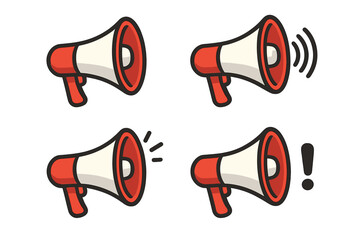 Megaphone icon set for communication and announcements. Vector cartoon illustration of loudspeaker symbols for marketing, promotion, alerts, and news. Loud sound and warning signs.