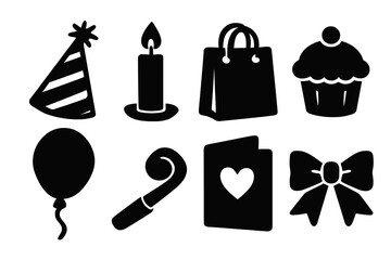 Birthday party celebration icon set vector silhouette. Party hat, candle, gift bag, cupcake, balloon, party blower, greeting card and bow glyph collection. Event design elements.