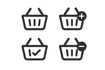 Minimalist Shopping Basket Icons for E-commerce, Online Shopping Cart Symbols with Add, Remove, and Confirm Actions, Vector Illustration for User-Friendly Digital Shopping Experience