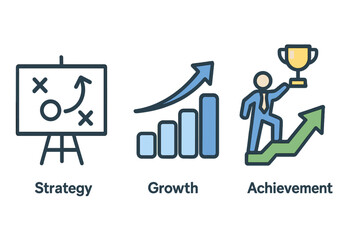 Modern business icons illustrating strategy planning, growth progress, and achievement success in minimalist cartoon style for professional presentations and corporate use
