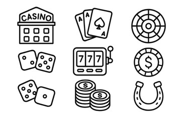 Casino gambling line icon set. Vector outline symbols. Game of chance, betting concept. Slot machine jackpot, poker cards, dice, roulette wheel, vegas, chips, lucky horseshoe.