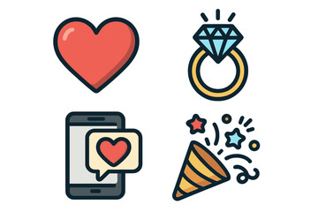 Symbolic love heart engagement ring and celebration icons vector cartoon set, romantic relationship, mobile love message, festive party popper illustration with transparent background