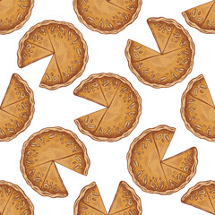 Hand drawn vintage seamless pattern of pumpkin pie with cut slice and seeds in warm orange brown tones isolated vector illustration