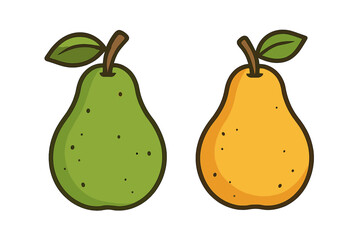 Two distinct pears vector illustration showing green and yellow ripe fruit with leaf and stem, minimalist cartoon style, fresh healthy organic food clipart set