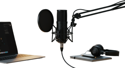 Sleek professional condenser microphone with black pop filter and shock mount on a modern desk, soft studio light, blurred minimalist workspace bokeh background, concept of professional digital audio