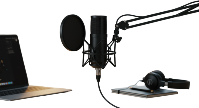 Sleek professional condenser microphone with black pop filter and shock mount on a modern desk, soft studio light, blurred minimalist workspace bokeh background, concept of professional digital audio