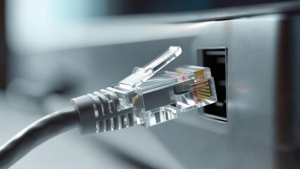 Close-up of a network cable plugged into a port