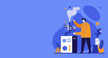 Flat design illustration of a person operating industrial machinery with gears and smoke, representing production, engineering, or a factory process.