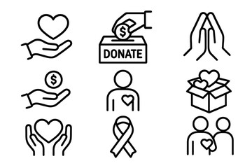 Fototapeta premium Charity and donation line icon set. Vector collection for concepts of giving, support, volunteering, love, care, help, community, hope, and fundraising for a cause.