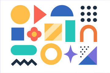 Colorful geometric shapes set flat vector illustration, modern abstract design with circles, squares, triangles, arches, dots, and decorative elements for creative projects