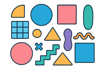 Vector flat illustration of various colorful geometric shapes including circles, squares, triangles, and abstract shapes arranged in modern creative design for graphic projects and art