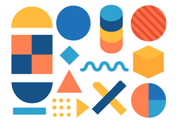 Vector flat illustration of colorful various geometric shapes arranged in modern abstract design for creative projects, contemporary style, cartoon style vector with transparent background