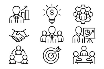Minimalist business and teamwork icons set. Line art vector illustration with transparent background. Concepts of growth, innovation, leadership, handshake, target, collaboration, presentation.