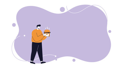 Stylish flat illustration of a man holding a steaming hot burger, perfect for fast food delivery, takeaway, or quick meal promotions. Modern lifestyle concept.