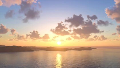 Fototapeta premium A serene vista captures the golden sunrise over a vast ocean. Islands dot the horizon, framed by fluffy clouds as the sun's rays bathe the scene in warm hues. The sky is painted with orange and violet