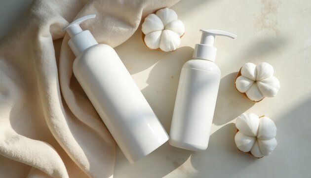 Top‑down flat lay of baby lotion pump bottle surrounded by cotton pads and a light beige linen cloth under diffused soft daylight