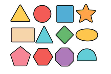 Colorful geometric shapes collection for education and learning, includes triangles, circles, squares, stars, rectangles, diamonds, pentagons, hexagons, octagons, semicircles in vector cartoon style